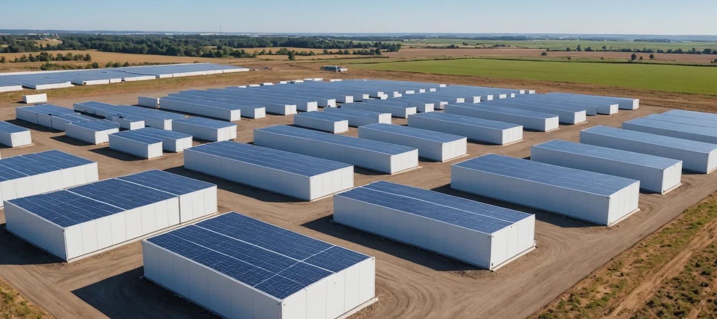 Battery energy storage site at a western Japan solar farm with monitoring equipment visible at dusk